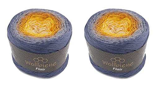 Wollbiene Flair Cotton 2x250g Bobbel Wolle Farbverlauf, 100% Baumwolle, Bobble Strickwolle Mehrfarbig (950 jeansblau orange) von Wollbiene