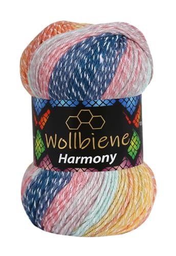 Wollbiene Harmony Batik 100 Gramm mit Farbverlauf 30% Baumwolle mehrfarbig Multicolor Strickwolle Häkelwolle Wolle Ganzjahreswolle (8010 blau orange gelb mint) von Wollbiene