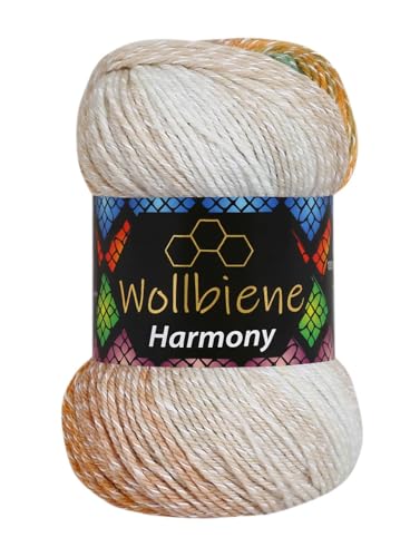 Wollbiene Harmony Batik 100 Gramm mit Farbverlauf 30% Baumwolle mehrfarbig Multicolor Strickwolle Häkelwolle Wolle Ganzjahreswolle (8080 grün orange braun weiß) von Wollbiene