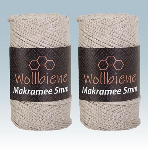 Wollbiene Makramee Garn 5mm I 2x70m I Makramee Natur - Baumwollgarn Mischgarn zum Knüpfen von Macrame - Rope Garn - Makramee-Garn aus Baumwolle für Kunst DIY Handwerk (beige 10) von Wollbiene