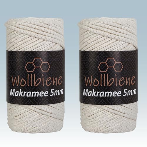 Wollbiene Makramee Garn 5mm I 2x70m I Makramee Natur - Baumwollgarn Mischgarn zum Knüpfen von Macrame - Rope Garn - Makramee-Garn aus Baumwolle für Kunst DIY Handwerk (creme 16) von Wollbiene