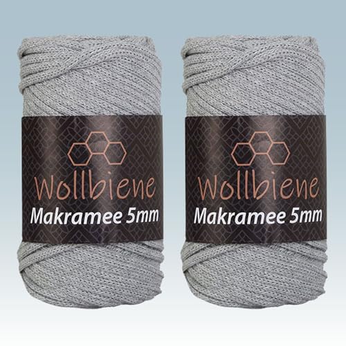 Wollbiene Makramee Garn 5mm I 2x70m I Makramee Natur - Baumwollgarn Mischgarn zum Knüpfen von Macrame - Rope Garn - Makramee-Garn aus Baumwolle für Kunst DIY Handwerk (grau 03) von Wollbiene