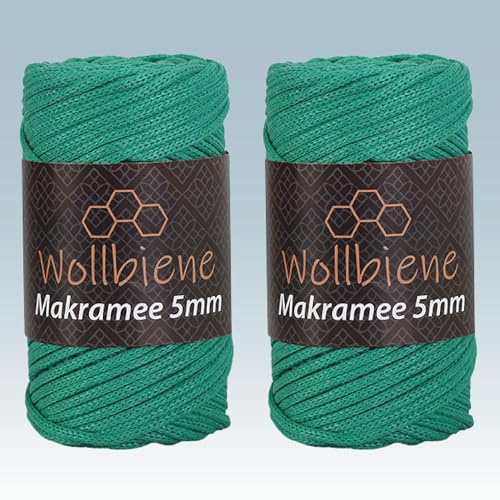 Wollbiene Makramee Garn 5mm I 2x70m I Makramee Natur - Baumwollgarn Mischgarn zum Knüpfen von Macrame - Rope Garn - Makramee-Garn aus Baumwolle für Kunst DIY Handwerk (grün 15) von Wollbiene