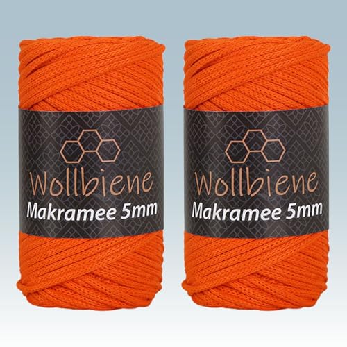 Wollbiene Makramee Garn 5mm I 2x70m I Makramee Natur - Baumwollgarn Mischgarn zum Knüpfen von Macrame - Rope Garn - Makramee-Garn aus Baumwolle für Kunst DIY Handwerk (orange 04) von Wollbiene