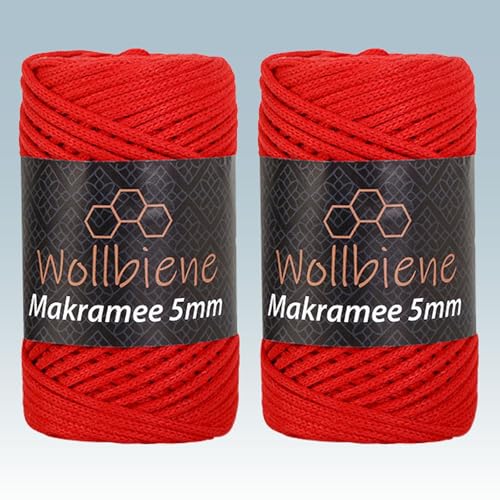 Wollbiene Makramee Garn 5mm I 2x70m I Makramee Natur - Baumwollgarn Mischgarn zum Knüpfen von Macrame - Rope Garn - Makramee-Garn aus Baumwolle für Kunst DIY Handwerk (rot 07) von Wollbiene