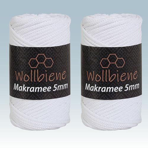 Wollbiene Makramee Garn 5mm I 2x70m I Makramee Natur - Baumwollgarn Mischgarn zum Knüpfen von Macrame - Rope Garn - Makramee-Garn aus Baumwolle für Kunst DIY Handwerk (weiß 01) von Wollbiene