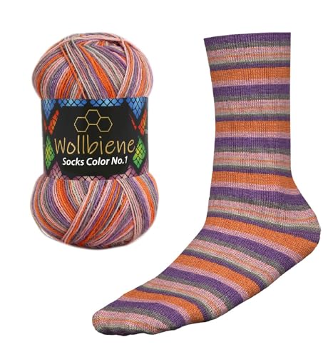 Wollbiene Socks Color Sockenwolle 100g 4-fädig Stricken und Häkeln 75% Schurwolle Farbverlaufswolle Strickwolle Socken (57 orange lila) von Wollbiene