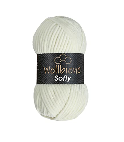 Wollbiene Softy 100 Gramm chenille wolle zum häkeln Strickwolle, Babywolle, Chenille Wolle Super Bulky crochet yarn (creme 02) von Wollbiene