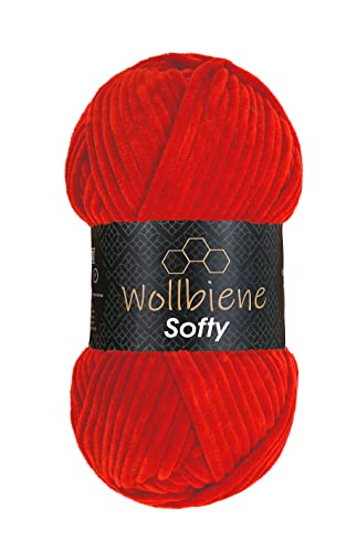 Wollbiene Softy 100 Gramm chenille wolle zum häkeln Strickwolle, Babywolle, Chenille Wolle Super Bulky crochet yarn (rot 09) von Wollbiene