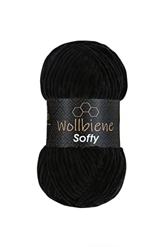 Wollbiene Softy 100 Gramm chenille wolle zum häkeln Strickwolle, Babywolle, Chenille Wolle Super Bulky crochet yarn (schwarz 77) von Wollbiene