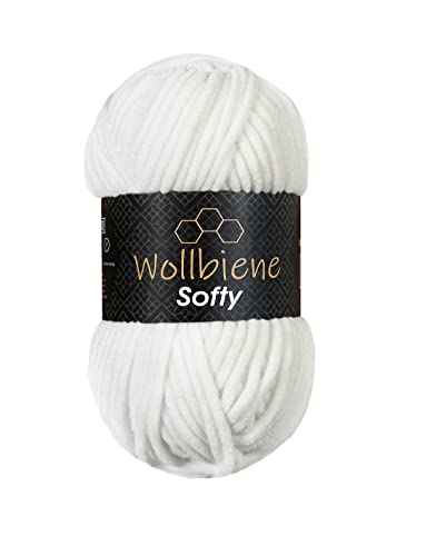 Wollbiene Softy 100 Gramm chenille wolle zum häkeln Strickwolle, Babywolle, Chenille Wolle Super Bulky crochet yarn (weiß 01) von Wollbiene
