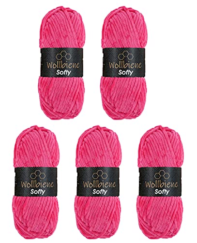 Wollbiene Softy 5 x 100 Gramm Chenillewolle Strickwolle, Babywolle, 500 Gramm Wolle Super Bulky (leuchtpink 17) von Wollbiene