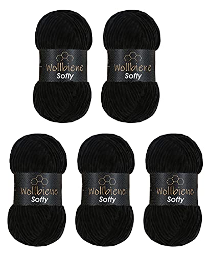 Wollbiene Softy 5 x 100 Gramm Chenillewolle Strickwolle, Babywolle, 500 Gramm Wolle Super Bulky (schwarz 77) von Wollbiene