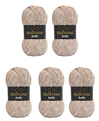 Wollbiene Softy 5 x 100 Gramm Chenillewolle Strickwolle, Babywolle, 500 Gramm Wolle Super Bulky (taupe 91) von Wollbiene