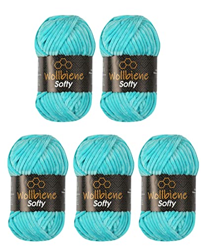 Wollbiene Softy 5 x 100 Gramm chenille wolle zum häkeln Strickwolle, Babywolle, 500 Gramm Chenille Wolle Super Bulky crochet yarn (azure 32) von Wollbiene