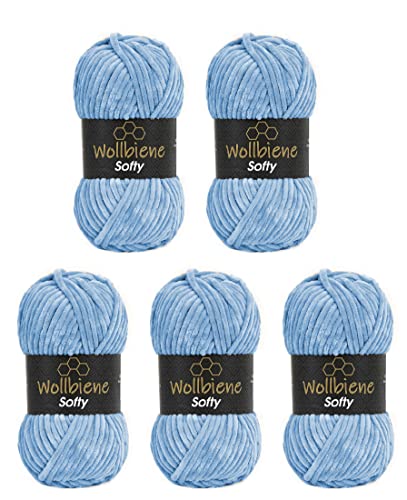 Wollbiene Softy 5 x 100 Gramm chenille wolle zum häkeln Strickwolle, Babywolle, 500 Gramm Chenille Wolle Super Bulky crochet yarn (babyblau 25) von Wollbiene