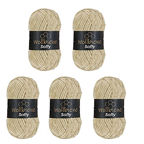 Wollbiene Softy 5 x 100 Gramm chenille wolle zum häkeln Strickwolle, Babywolle, 500 Gramm Chenille Wolle Super Bulky crochet yarn (beige 05) von Wollbiene