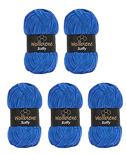 Wollbiene Softy 5 x 100 Gramm chenille wolle zum häkeln Strickwolle, Babywolle, 500 Gramm Chenille Wolle Super Bulky crochet yarn (cerulean blau 38) von Wollbiene