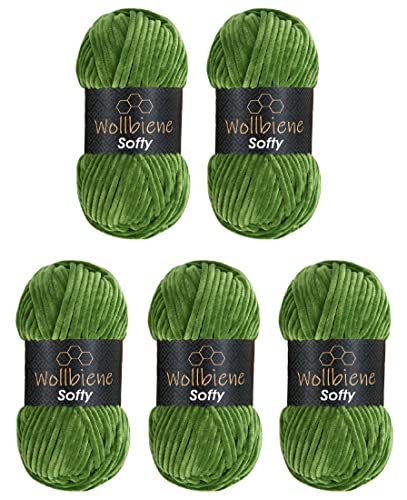 Wollbiene Softy 5 x 100 Gramm chenille wolle zum häkeln Strickwolle, Babywolle, 500 Gramm Chenille Wolle Super Bulky crochet yarn (froschgrün 34) von Wollbiene