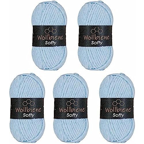 Wollbiene Softy 5 x 100 Gramm chenille wolle zum häkeln Strickwolle, Babywolle, 500 Gramm Chenille Wolle Super Bulky crochet yarn (hellblau 31) von Wollbiene