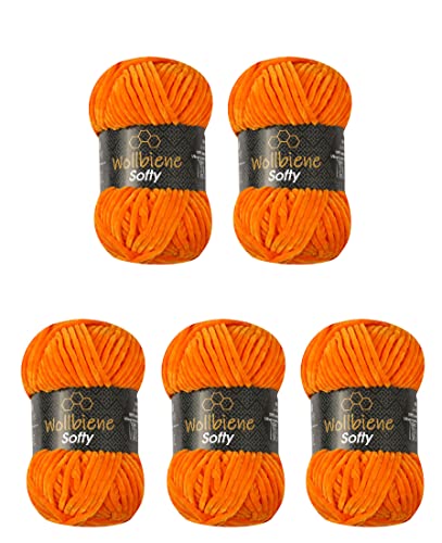 Wollbiene Softy 5 x 100 Gramm chenille wolle zum häkeln Strickwolle, Babywolle, 500 Gramm Chenille Wolle Super Bulky crochet yarn (orange 33 von Wollbiene