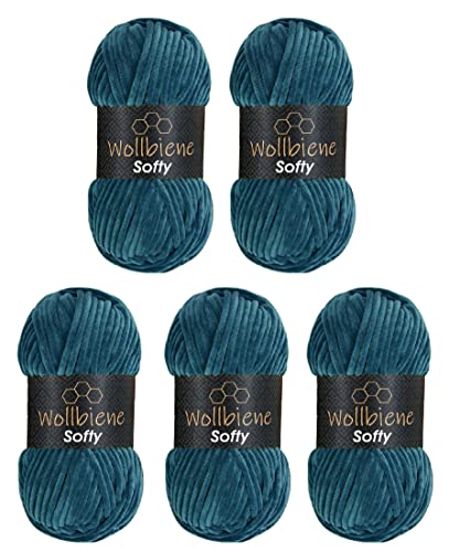 Wollbiene Softy 5 x 100 Gramm chenille wolle zum häkeln Strickwolle, Babywolle, 500 Gramm Chenille Wolle Super Bulky crochet yarn (petrol 36) von Wollbiene