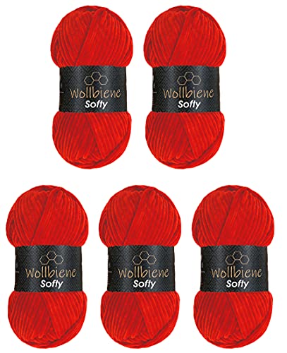 Wollbiene Softy 5 x 100 Gramm chenille wolle zum häkeln Strickwolle, Babywolle, 500 Gramm Chenille Wolle Super Bulky crochet yarn (rot 09) von Wollbiene