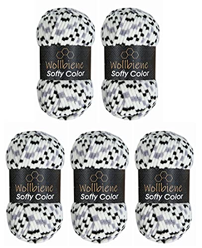 Wollbiene Softy Color 5 x 100 Gramm Chenillewolle Strickwolle, Babywolle, 500 Gramm Wolle Super Bulky (schwarz-grau-weiß 115) von Wollbiene