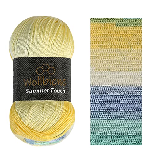 Wollbiene Summer Touch Batik 100 Gramm Wolle Mehrfarbig mit Farbverlauf, 100 Gramm merzerisierte Strickwolle Microfiber-Acryl (500 gelb-blau mint 1) von Wollbiene