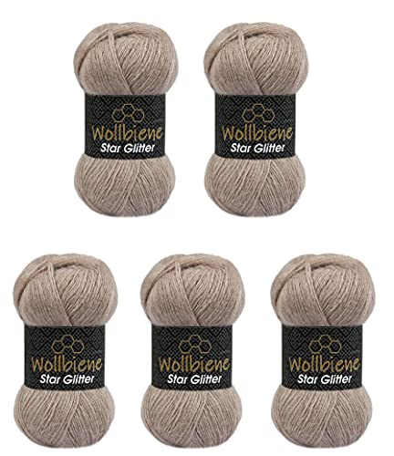 Wollbiene Wolle Wollbiene Star Glitter Simli 5 x 100g Strickwolle mit 20% Wolle 500 Gramm Wolle einfarbig Metallic Glitzerwolle (beige 06) von Wollbiene