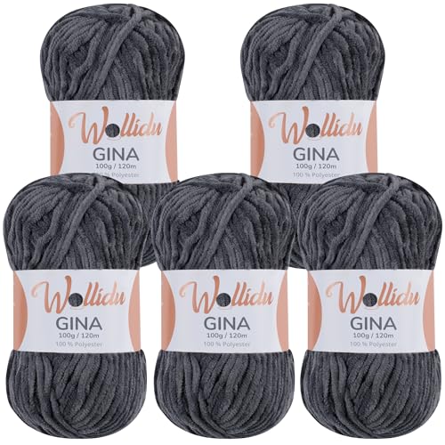 Wollidu Gina Chenille Garn zum Stricken und Häkeln 5 x 100g/120m Set 100% Polyester - Anthrazit Dunkelgrau von Wollidu