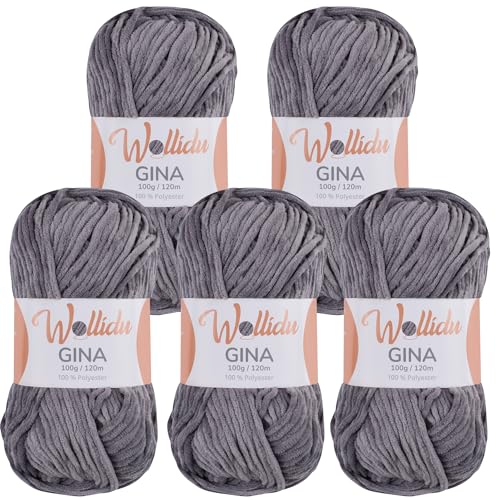 Wollidu Gina Chenille Garn zum Stricken und Häkeln 5 x 100g/120m Set 100% Polyester - Grau von Wollidu