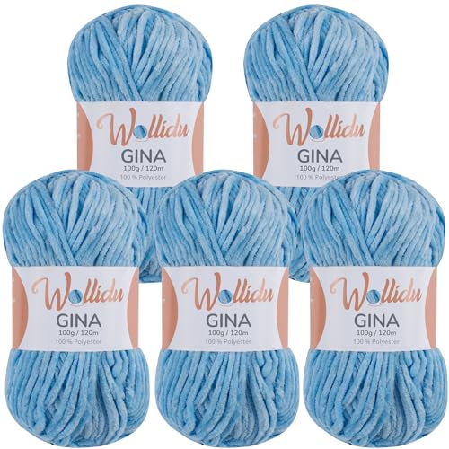 Wollidu Gina Chenille Garn zum Stricken und Häkeln 5 x 100g/120m Set 100% Polyester - Hellblau von Wollidu