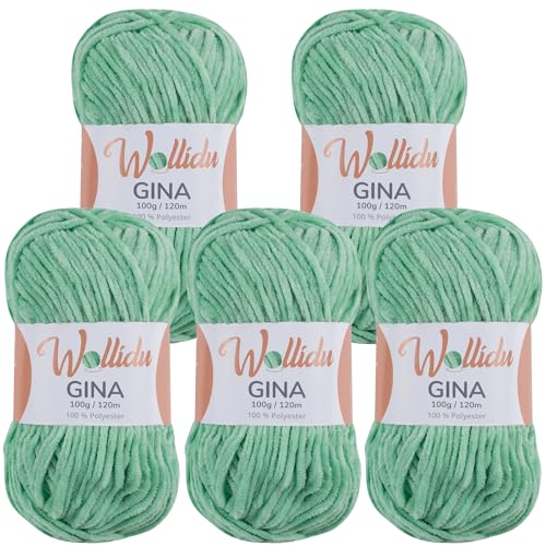 Wollidu Gina Chenille Garn zum Stricken und Häkeln 5 x 100g/120m Set 100% Polyester - Hellgrün von Wollidu