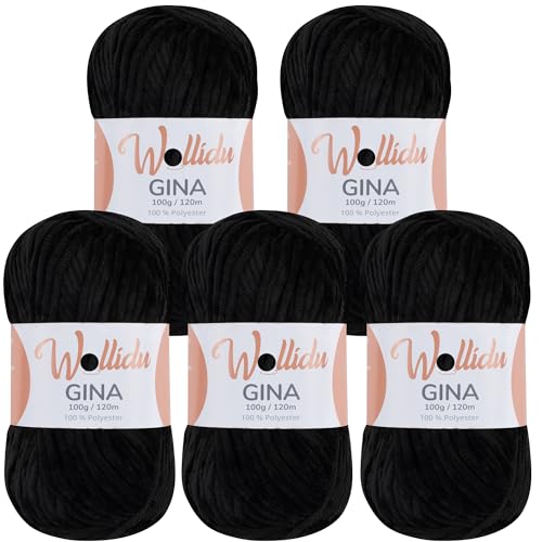 Wollidu Gina Chenille Garn zum Stricken und Häkeln 5 x 100g/120m Set 100% Polyester - Schwarz von Wollidu