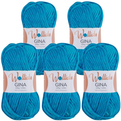 Wollidu Gina Chenille Garn zum Stricken und Häkeln 5 x 100g/120m Set 100% Polyester - Türkis von Wollidu