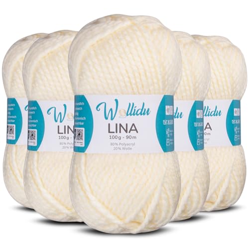 Wollidu Lina Wolle zum Stricken und Häkeln 500g 80% Polyacryl 20% Schafwolle Mulesing-frei Oeko-Tex 5x 100g/90m Häkelwolle/Strickwolle - Creme von Wollidu