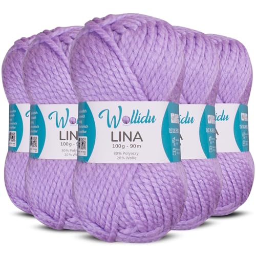 Wollidu Lina Wolle zum Stricken und Häkeln 500g 80% Polyacryl 20% Schafwolle Mulesing-frei Oeko-Tex 5x 100g/90m Häkelwolle/Strickwolle - Flieder von Wollidu