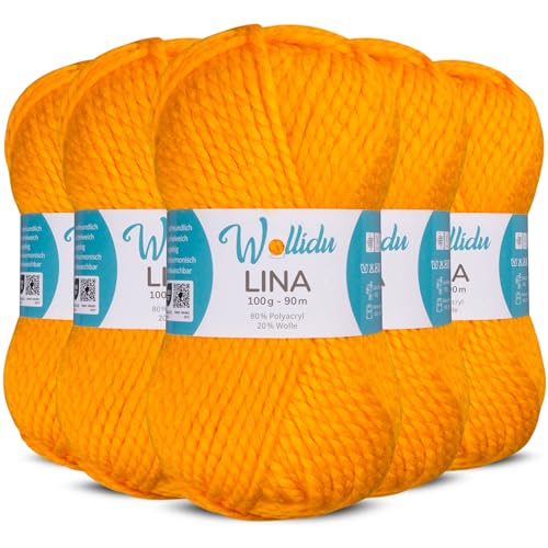 Wollidu Lina Wolle zum Stricken und Häkeln 500g 80% Polyacryl 20% Schafwolle Mulesing-frei Oeko-Tex 5x 100g/90m Häkelwolle/Strickwolle - Gelb von Wollidu