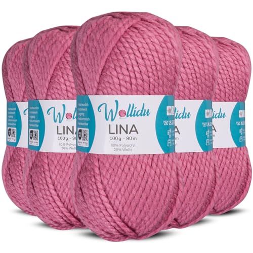 Wollidu Lina Wolle zum Stricken und Häkeln 500g 80% Polyacryl 20% Schafwolle Mulesing-frei Oeko-Tex 5x 100g/90m Häkelwolle/Strickwolle - Rosa von Wollidu