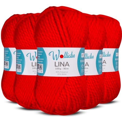 Wollidu Lina Wolle zum Stricken und Häkeln 500g 80% Polyacryl 20% Schafwolle Mulesing-frei Oeko-Tex 5x 100g/90m Häkelwolle/Strickwolle - Rot von Wollidu