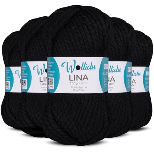 Wollidu Lina Wolle zum Stricken und Häkeln 500g 80% Polyacryl 20% Schafwolle Mulesing-frei Oeko-Tex 5x 100g/90m Häkelwolle/Strickwolle - Schwarz von Wollidu