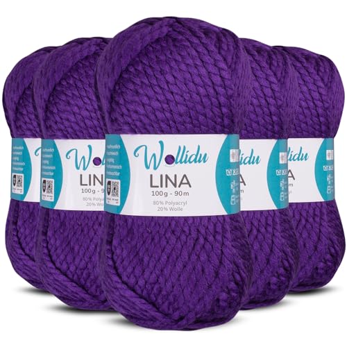 Wollidu Lina Wolle zum Stricken und Häkeln 500g 80% Polyacryl 20% Schafwolle Mulesing-frei Oeko-Tex 5x 100g/90m Häkelwolle/Strickwolle - Violett von Wollidu