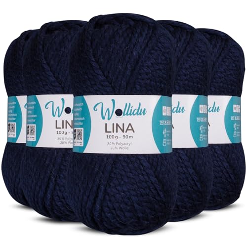 Wollidu Lina Wolle zum Stricken und Häkeln 500g 80% Polyacryl 20% Schafwolle Mulesing-frei Oeko-Tex 5x 100g/90m Häkelwolle/Strickwolle - Dunkelblau von Wollidu