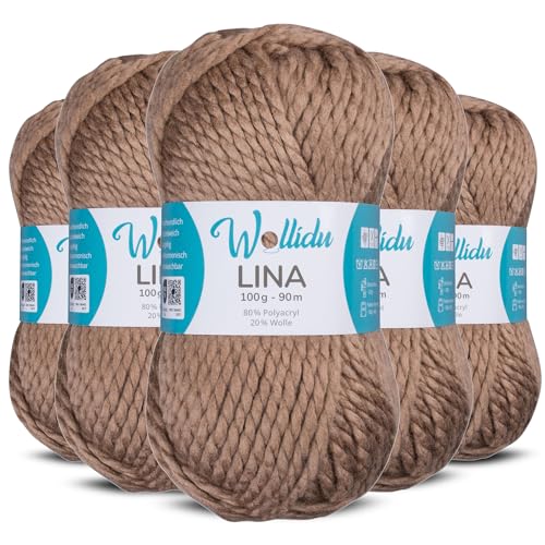 Wollidu Lina Wolle zum Stricken und Häkeln 500g 80% Polyacryl 20% Schafwolle Mulesing-frei Oeko-Tex 5x 100g/90m Häkelwolle/Strickwolle - Hellbraun von Wollidu