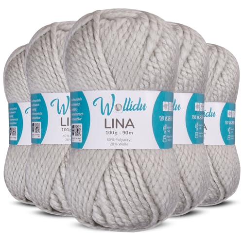 Wollidu Lina Wolle zum Stricken und Häkeln 500g 80% Polyacryl 20% Schafwolle Mulesing-frei Oeko-Tex 5x 100g/90m Häkelwolle/Strickwolle - Hellgrau von Wollidu