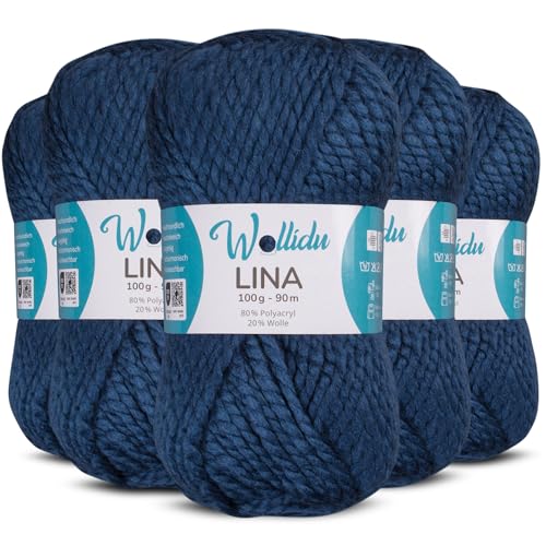 Wollidu Lina Wolle zum Stricken und Häkeln 500g 80% Polyacryl 20% Schafwolle Mulesing-frei Oeko-Tex 5x 100g/90m Häkelwolle/Strickwolle - Marineblau von Wollidu