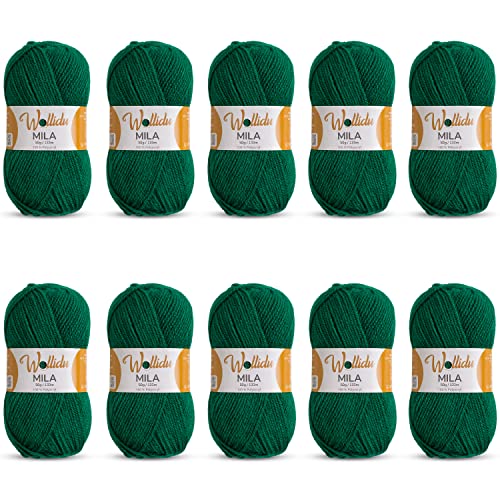 Wollidu Mila Garn zum Häkeln und Stricken 10 x 50g/133m Strickgarn 100% Polyacryl Häkelgarn Dunkelgrün Gras Grün von Wollidu