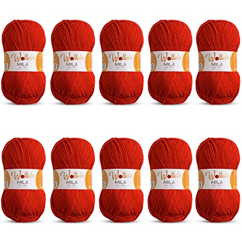 Wollidu Mila Garn zum Häkeln und Stricken 10 x 50g/133m Strickgarn 100% Polyacryl Häkelgarn Feuer Rot von Wollidu