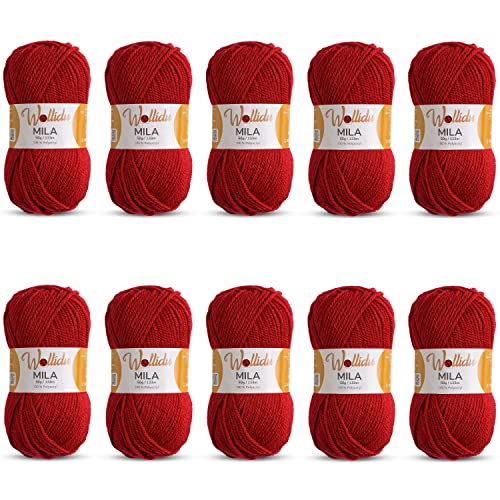 Wollidu Mila Garn zum Häkeln und Stricken 10 x 50g/133m Strickgarn 100% Polyacryl Häkelgarn Kirsche Rot von Wollidu